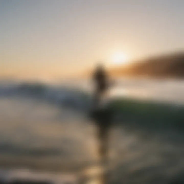 A breathtaking view of surfers riding waves at sunrise in Los Angeles