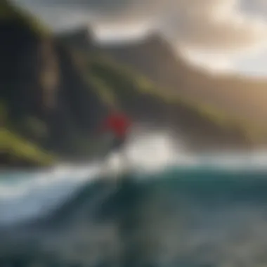 A surfer riding a wave with vibrant Hawaiian landscape in the background