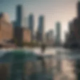 A breathtaking view of urban surfing with city skyline in the background