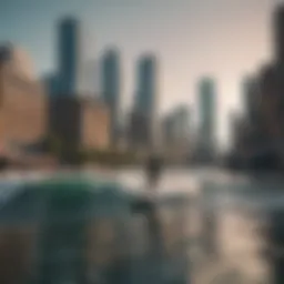 A breathtaking view of urban surfing with city skyline in the background