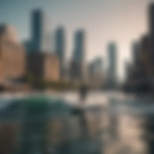 A breathtaking view of urban surfing with city skyline in the background