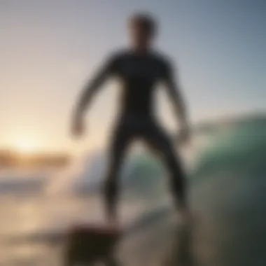 A surfer adjusting their gear before hitting the water