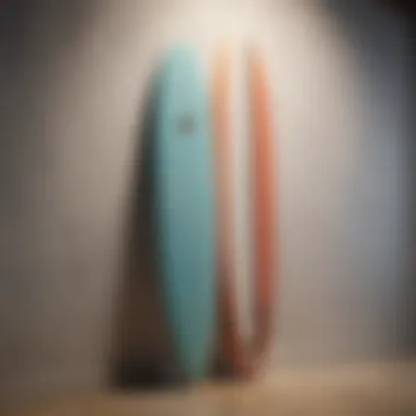 A beautifully displayed surfboard on a minimalist wall