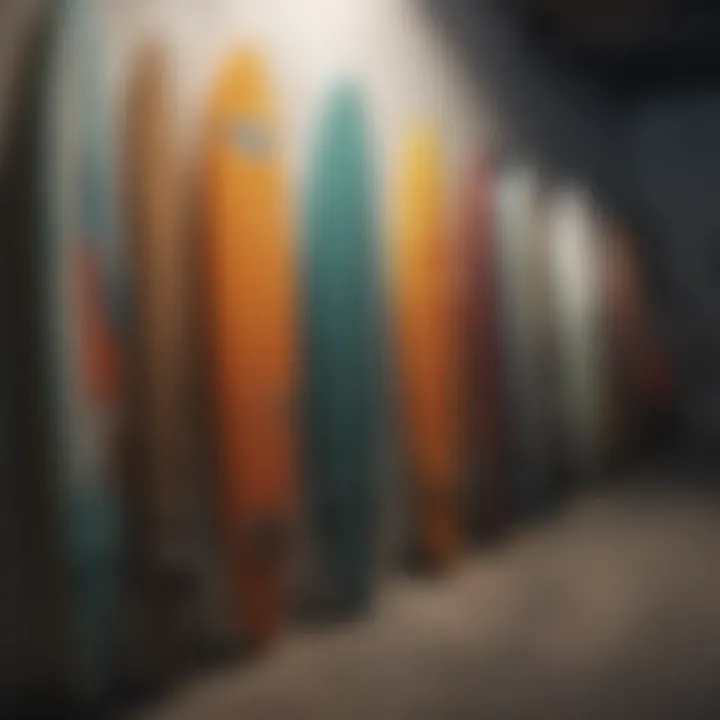 An array of surfboards showcasing different hanging techniques