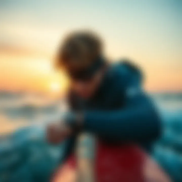 Surfer checking tide chart watch before hitting the waves