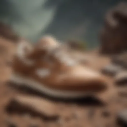 Stylish tan Reeboks on a rugged terrain