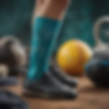 Teal Tie Dye Sock Among Extreme Sports Gear A vibrant teal tie dye sock against a backdrop of extreme sports gear