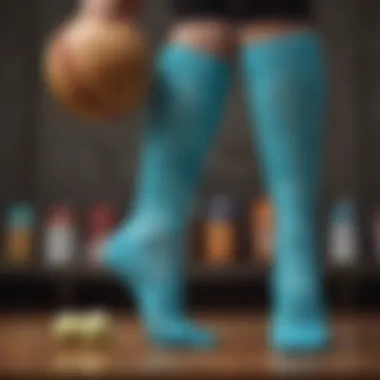 A collection of teal tie dye softball socks displayed in a trendy sports environment
