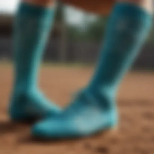 A close-up of teal tie dye softball socks showcasing intricate patterns