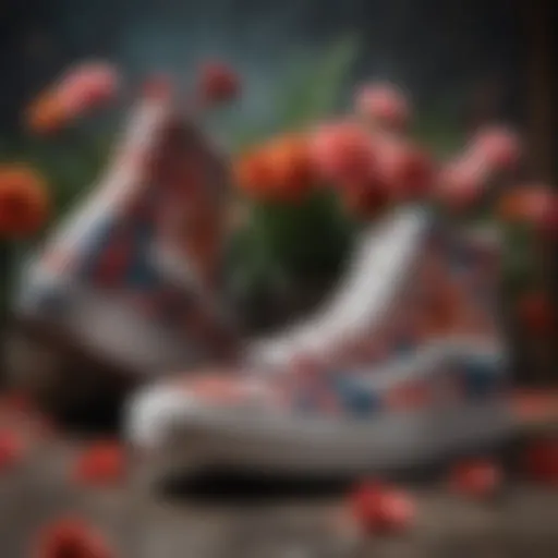 Artistic arrangement of high top Vans with intricate floral patterns on a vibrant background