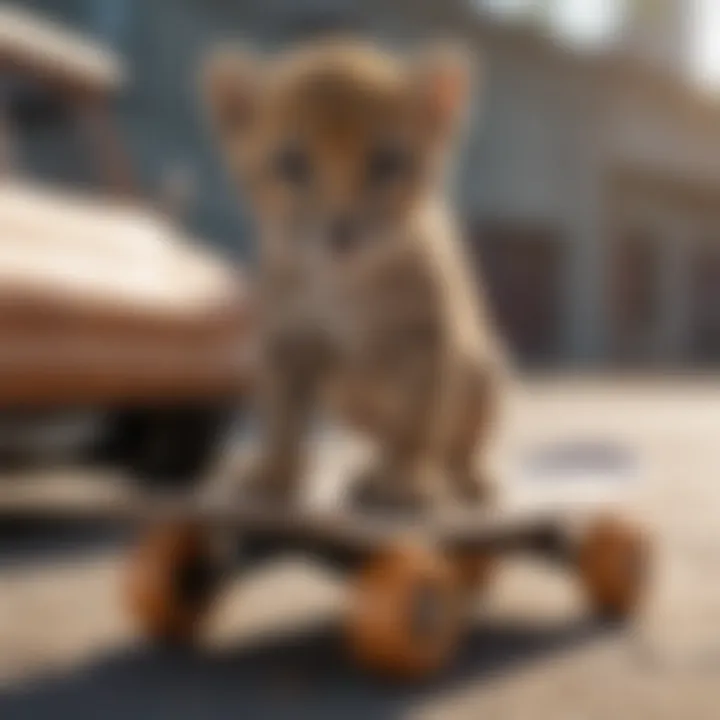 An infant wearing cheetah vans while skateboarding