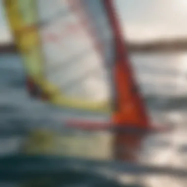 A close-up of windsurfing equipment showcasing the sail and board details