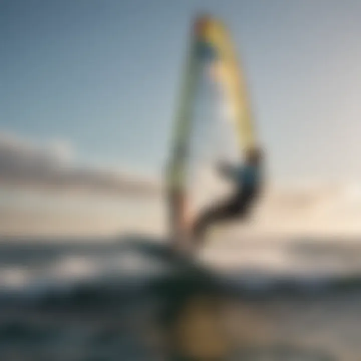 A dynamic shot of a windsurfer gliding across the waves with the wind in their sail