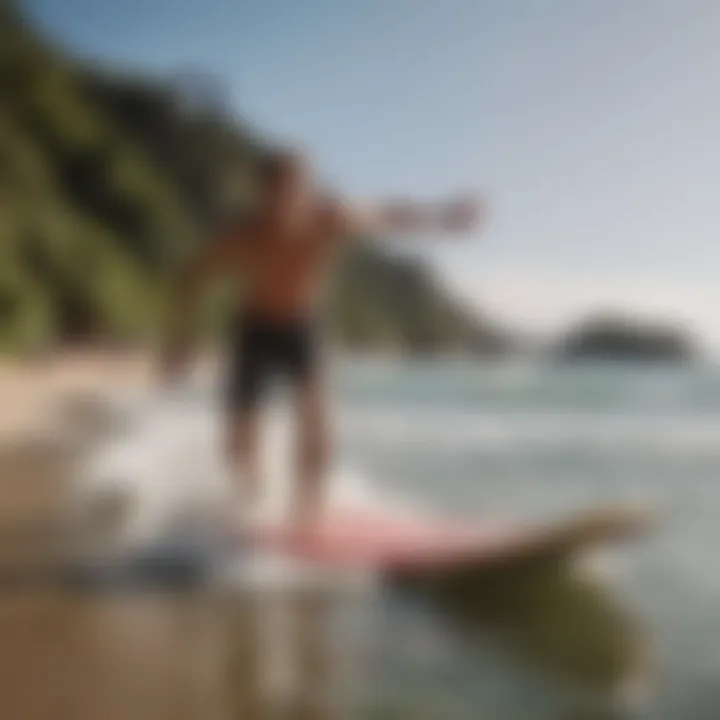 A scenic beach with skim boarders demonstrating various techniques on the water