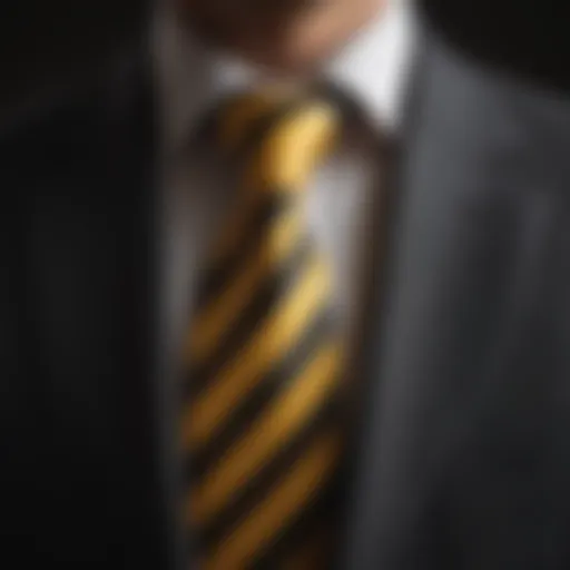 Elegant display of a black and yellow tie against a textured backdrop