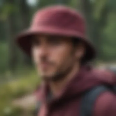 Adventurer with Burgundy Bucket Hat Adventurer wearing a burgundy bucket hat during a hike