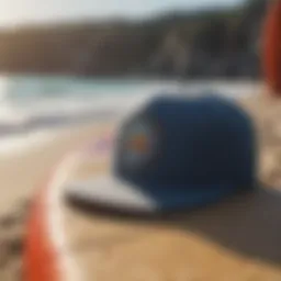 A vibrant snapback hat resting on a surfboard by the ocean shore