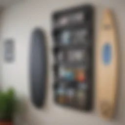 A sleek wall-mounted boogie board rack displaying various boards in an organized manner.