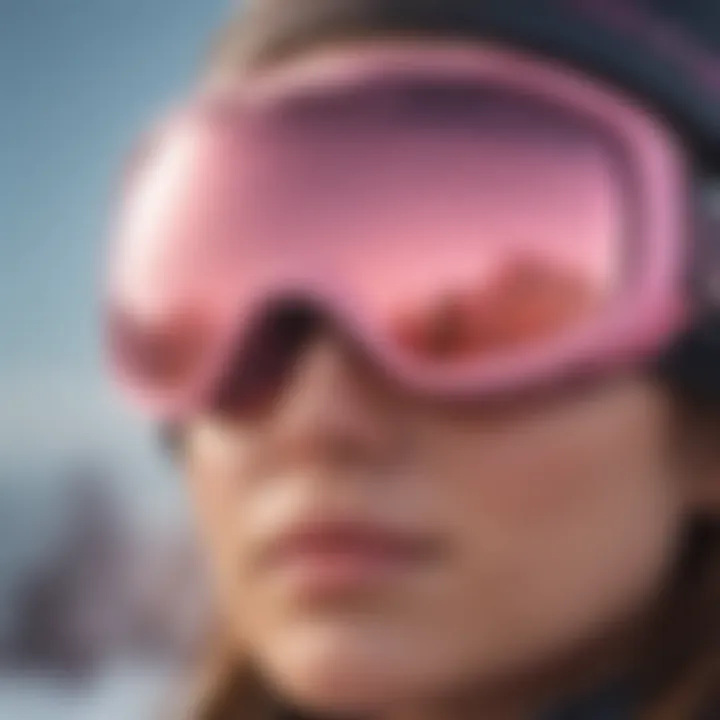 Close-up of advanced lens technology in pink snow goggles