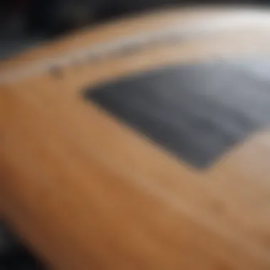 A close-up view of surfboard construction materials, highlighting craftsmanship and performance features.