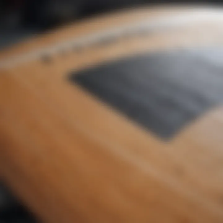 A close-up view of surfboard construction materials, highlighting craftsmanship and performance features.