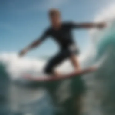 A surfer riding a small wave expertly on a short board, demonstrating technique and balance.