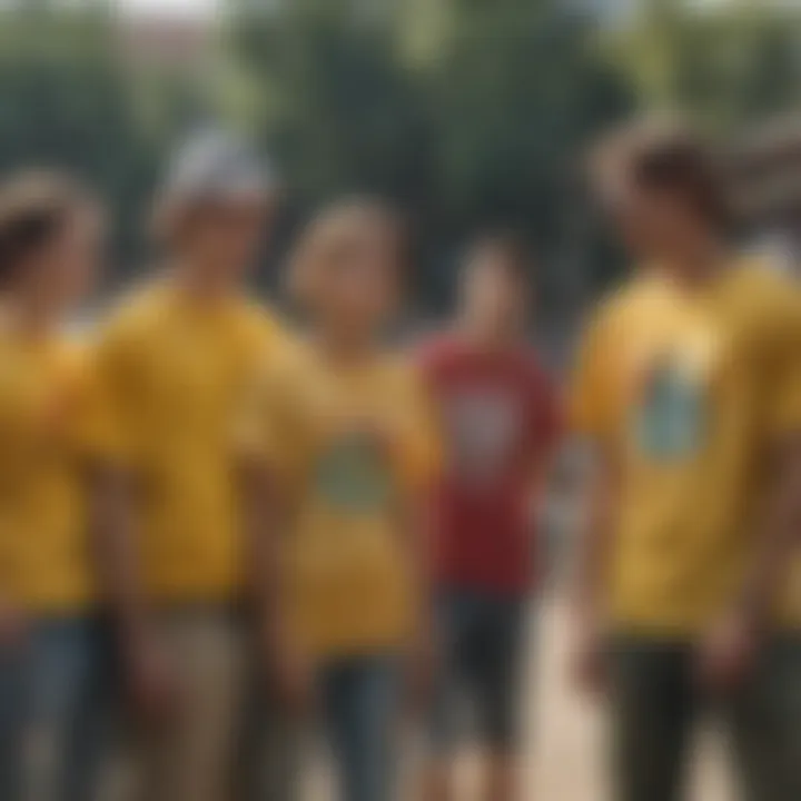 A group of extreme sports enthusiasts showcasing their yellow tie-dye shirts during a community event.