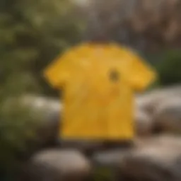A vibrant yellow tie-dye shirt displayed against a rocky outdoor backdrop.