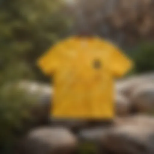 A vibrant yellow tie-dye shirt displayed against a rocky outdoor backdrop.