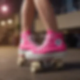 A vibrant pair of hot pink platform Converse shoes on a skateboard