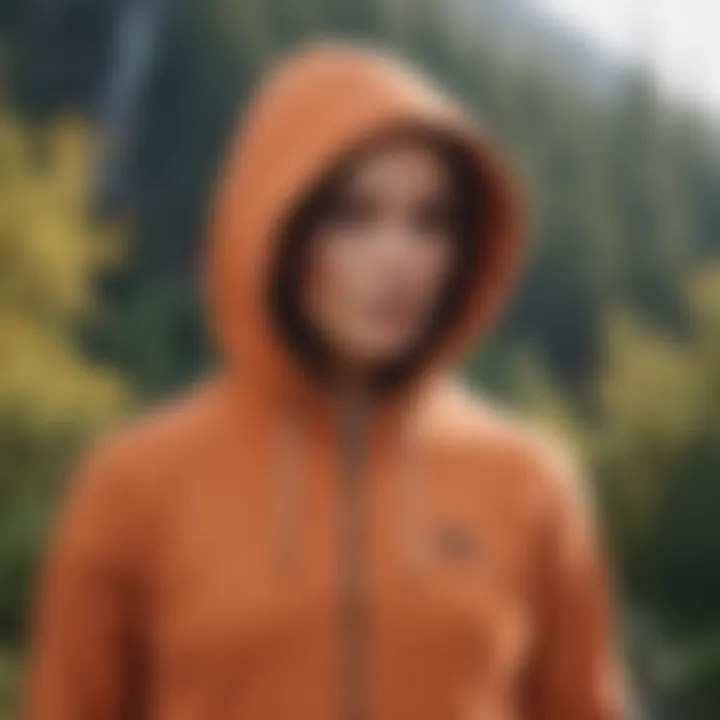 A serene nature backdrop featuring a solid color zip-up hoodie in an outdoor activity