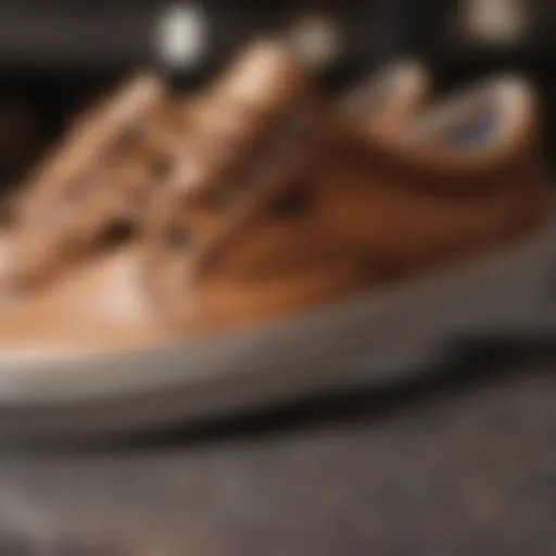 A close-up view of tan leather Vans showcasing their texture and craftsmanship
