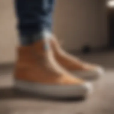 Tan Leather Vans in Extreme Sports A skateboarder performing tricks while wearing tan leather Vans