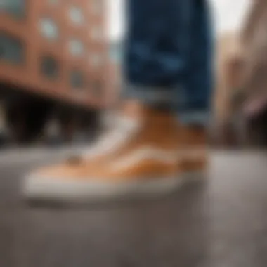 Tan Leather Vans in Urban Fashion Tan leather Vans paired with trendy streetwear in an urban setting