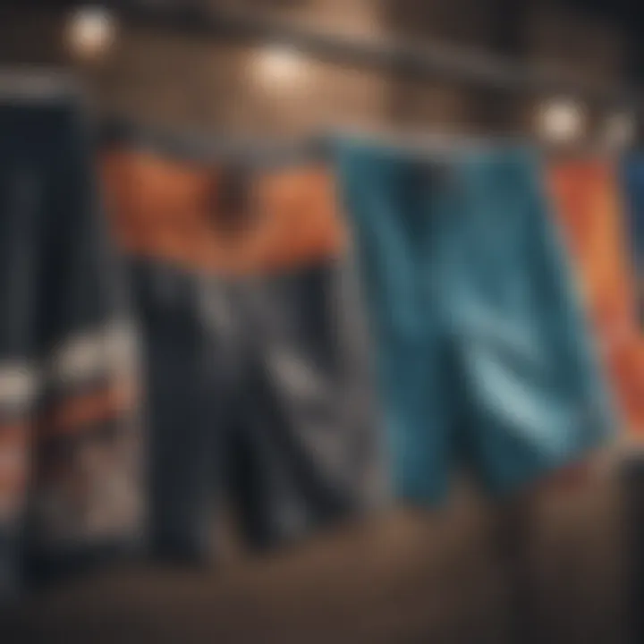 Variety of board shorts hanging on display