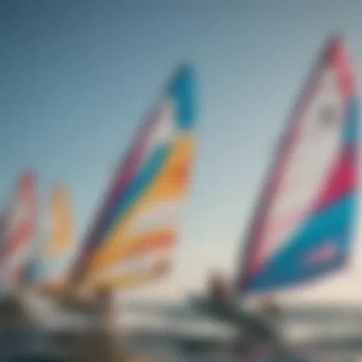 A close-up view of different windsurf sails showcasing their unique designs and colors.