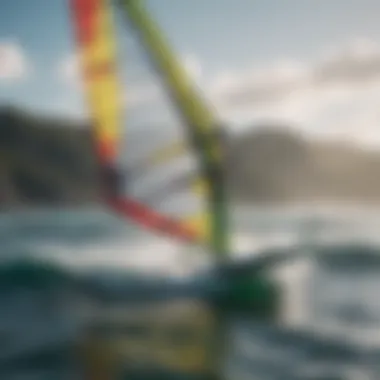 Windsurfing in Action A windsurfer maneuvering through the waves with a brightly colored sail.