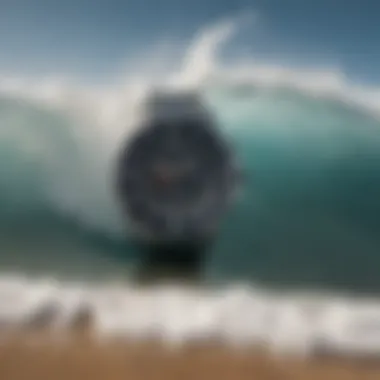 An ocean wave crashing with a surf watch in focus