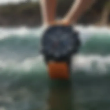 Performance Metrics on Vibrant Surf Watch A vibrant surf watch displaying performance metrics