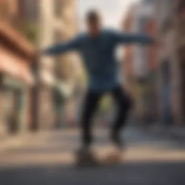 Skateboarding in Style Skateboarder showcasing a stylish long sleeve shirt while performing a trick