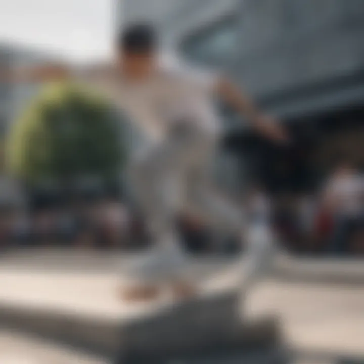 A skateboarder performing tricks while wearing white and grey Nike shoes