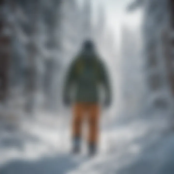 A skier wearing an eco-friendly snowboard jacket while navigating through a snowy forest