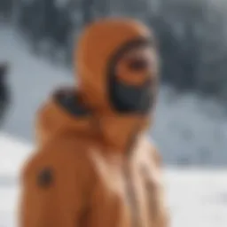 An organic snowboard jacket crafted from sustainable materials displayed against a snowy backdrop