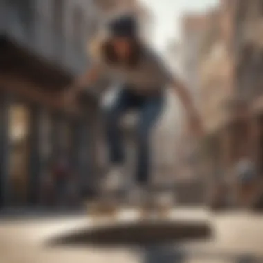 A female skateboarder performing a trick in an urban setting.