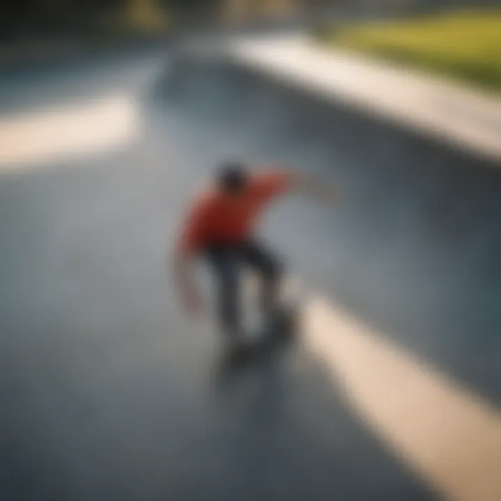 An aerial view of a skateboarder performing a trick at a skate park.
