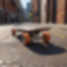 A skateboard resting on a vibrant urban sidewalk showcasing diverse designs.