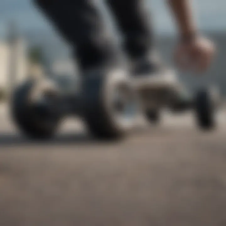 A close-up of skateboard wheels and trucks demonstrating their mechanics.