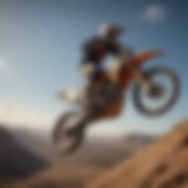 A thrilling moment captured in motocross, featuring an athlete taking flight over a steep jump, embodying the spirit of adventure and risk.