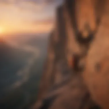 A dynamic scene of rock climbers scaling a challenging cliff with a dramatic sunset in the background, representing endurance and adventure.