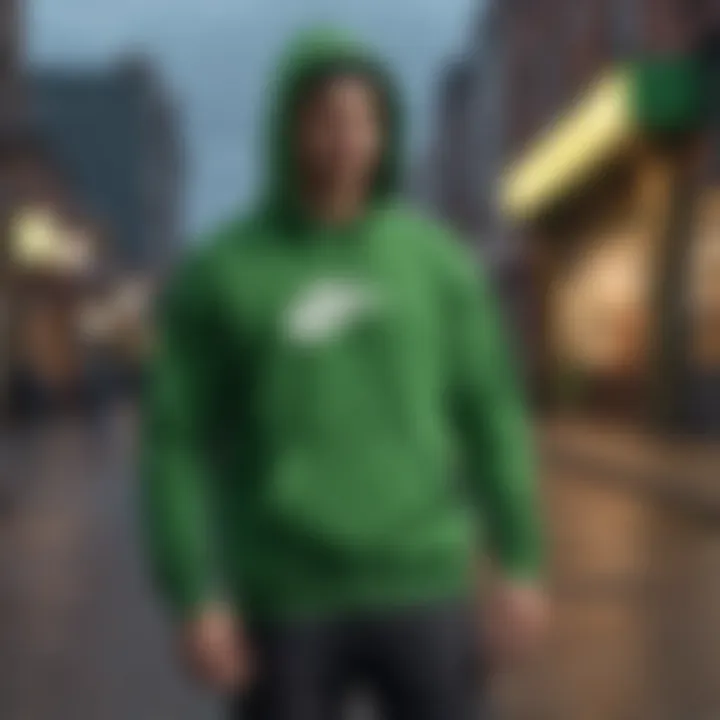 Stylish presentation of the green Nike sweatshirt in an urban setting